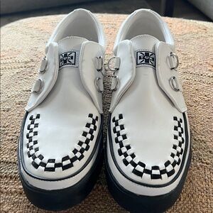 T.U.K White Leather D-Ring Sneaker. White and Black Buckle Creepers